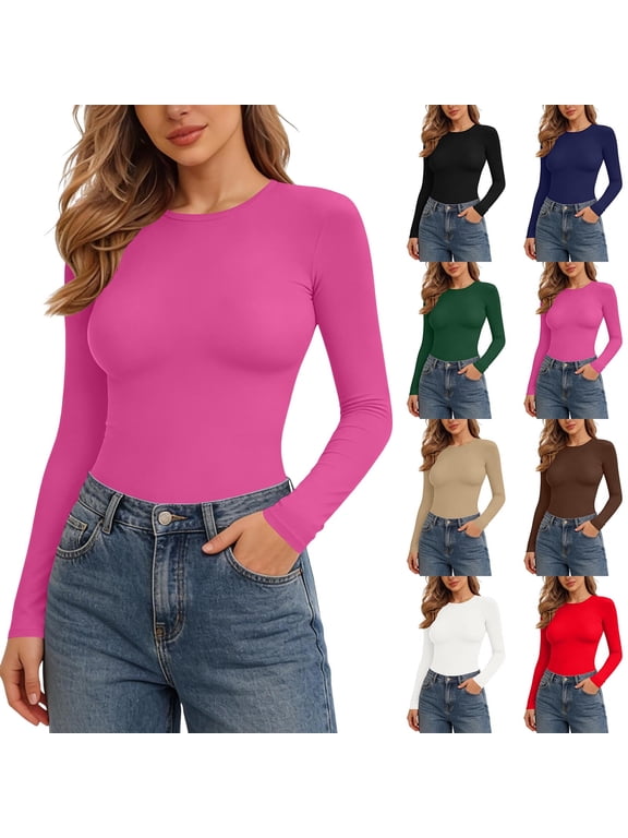 Womens Long Sleeve T Shirts Soft Stretch Slim Fit Base Layers Bodysuits Lightweight Spring Fall Tight Basic Crewneck Underscrubs Body Suit M