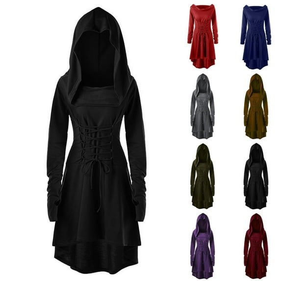 TARIENDY Womens Renaissance Gothic Dress Medieval Hooded Robe Vintage Lace Up Pullover Cloak Flowy High Low Long Hoodie Dresses Plus Size Long Sleeve Cape