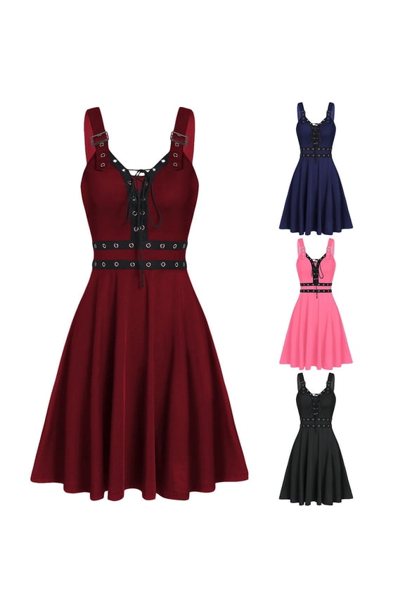 Womens Retro Punk Dresses Renaissance Gothic Dress Empire Waisted Dresses Lace Up Bandage Dress V Neck Sleeveless Party Dresses