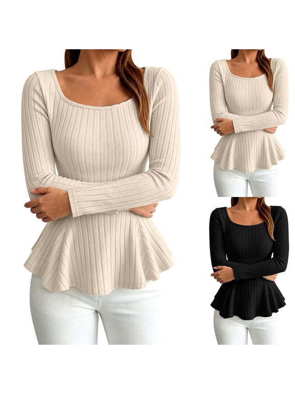 Womens Ribbed Blouses Fitted Hollow Out Bow Tie Back Tops Dressy Long Sleeve Scoop Neck Knitted Outfits L