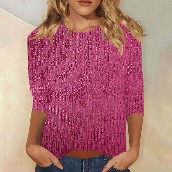 TARIENDY Womens Sequin Tops 3/4 Sleeve Glitter Sequin Shirts for Party Club Fashion Round Neck Tunic Top for Going Out Hot Pink XXL