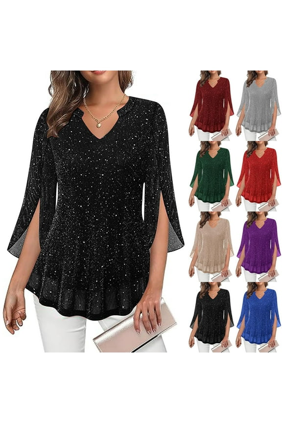 Womens Sequin Tops 3/4 Sleeve Mesh Shirts for Evening Party Sparkly Glitter V Neck Night Club Blouses Purple S