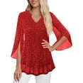thumbnail image 1 of TARIENDY Womens Sequin Tops 3/4 Sleeve Mesh Shirts for Evening Party Sparkly Glitter V Neck Night Club Blouses Red M, 1 of 7