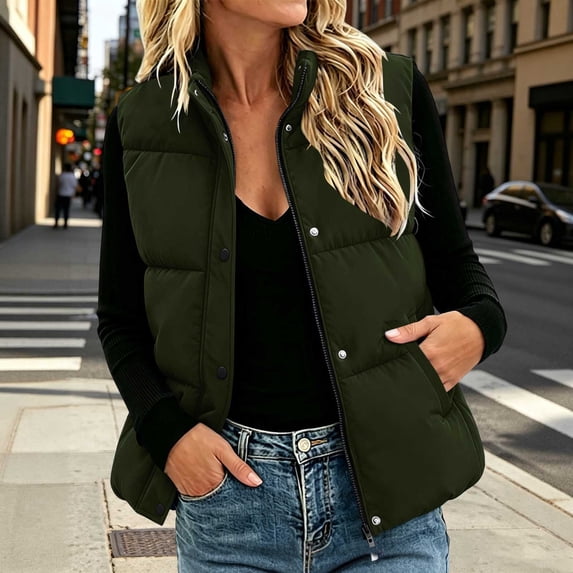TARIENDY Womens Short Puffer Vest Lightweight Zip Up Stand Collar Vests Winter Jacket with Side Pockets Sleeveless Warm Quilted Outerwear Army Green XL