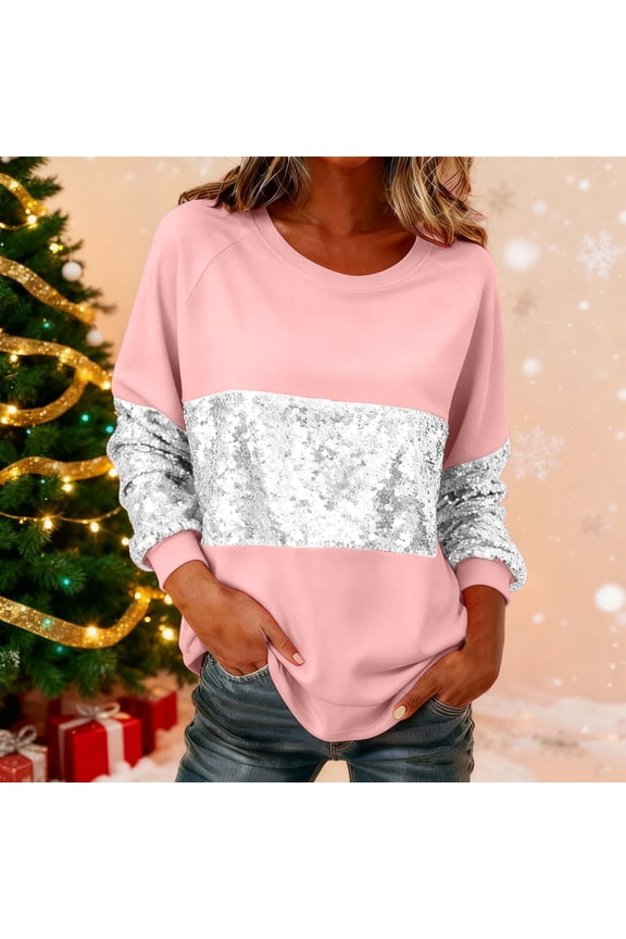 Womens Sparkly Tops Pink Patchwork Sequin Pullovers Fashion Glitter Crewneck Evening Party Shirts Long Sleeve Night Club Shirt Pink XXL