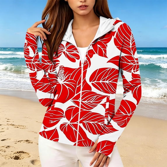 TARIENDY Womens Summer Hoodies Zip Up Long Sleeve Hooded Coats Tropical Print Long Sleeve Sun Protection Hoodie Lightweight Beach Casual Outfits Red M