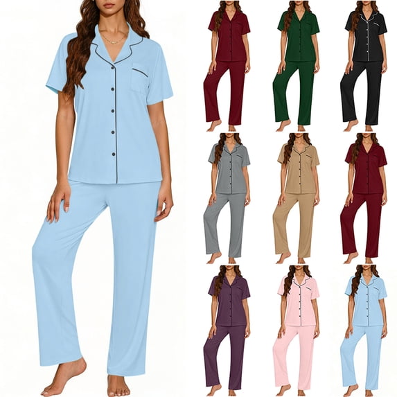 TARIENDY 2 Piece Pajama Sets for Women Soft Button Down Lounge Set with Pocket Short Sleeve Pjs Tops and Long Pants Solid Color Sleepwear Set Khaki L
