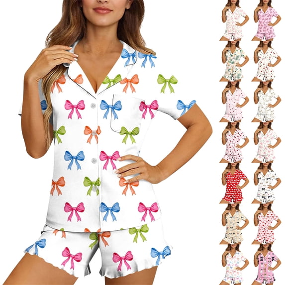 TARIENDY Womens Pajama Set 2 Piece Shorts Lounge Sets Pjs Button Down Cute Print Sleepwear Soft Short Sleeve Loungewear Multicolor*4 S