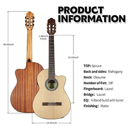 TARIO 39 Inch Electric cutaway Classical Guitar Full Size Acoustic Guitar Thin body Spruce top Mahogany back and sides Okoume neck laurel fingerboard