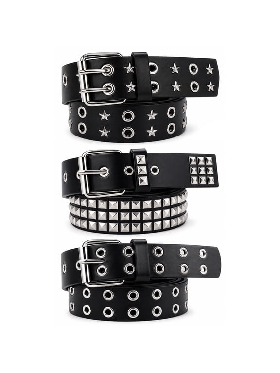 3 Pack Studded Belt, Y2K Goth Punk Rock Belts, Metal Rivet Waist Belts, Adjustable Black Belts for Jeans, Fashion Hip Hop Accessories