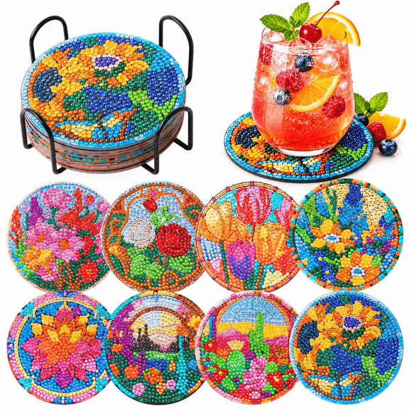 TARNIQOZ 8PCS Diamond Art Coasters Kit, Flowers Diamond Painting Coasters for Adult, Non-Slip Full Drill DIY Diamond Dot Coaster Art Supplies with Holder for Home Decor House Warming