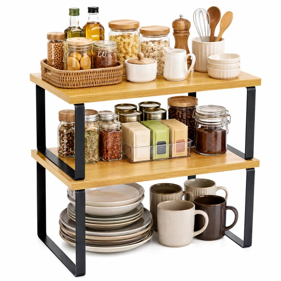 TARNIQOZ Cabinet Organizer Shelf, Set of 2 Stackable & Expandable Kitchen Counter Shelves, Wood Cabinet Shelves for Countertop, Spice Rack, 11.7 Inches