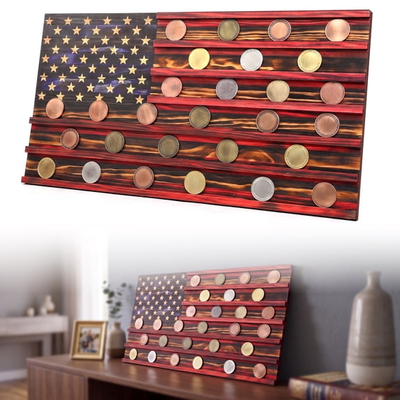 TARNIQOZ Challenge Coin Display Holder, Solid Wood Challenge Coin Stand Holds, 6 Row Coins Collection Rack for Collectors, 16 x 8 in Coin Holder Rack for Display Desk Decor