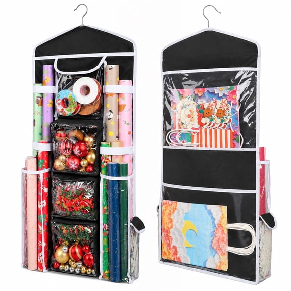 TARNIQOZ Wrapping Paper Organizer Storage, Hanging Double-Sided Gift Bag Organizer Holder with Multiple Pockets for Gift Wrap, Bows, Ribbons