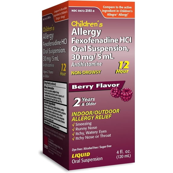 TARO Children's 12HR Allergy Relief Non-drowsy Antihistamine Liquid, Berry Flavor, Alcohol-Free, Dye-Free & Sugar Free, Fexofenadine HCl (4 oz)