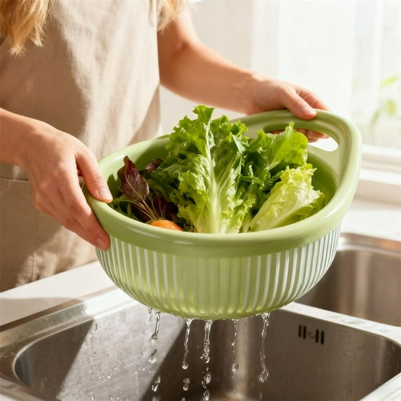 TAROFISH 1PC Double-Layer Colander Bowl 8.46 Inch Kitchen Strainer with Draining Basket for Pasta Fruits Vegetables Multi-purpose Food Storage Container,Green