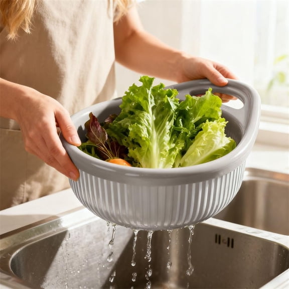 TAROFISH 1PC Double-Layer Colander Bowl 8.46 Inch Kitchen Strainer with Draining Basket for Pasta Fruits Vegetables Multi-purpose Food Storage Container,Grey