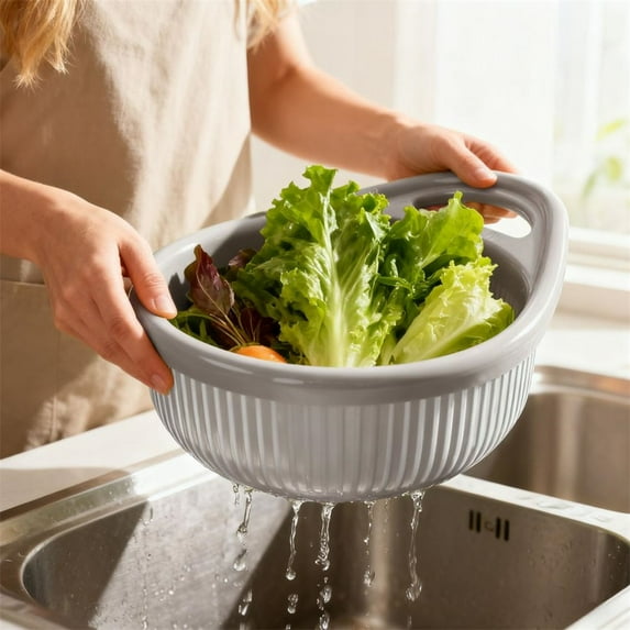 TAROFISH 1PC Double-Layer Colander Bowl 8.46 Inch Kitchen Strainer with Draining Basket for Pasta Fruits Vegetables Multi-purpose Food Storage Container,Grey