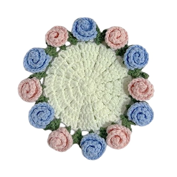 TAROFISH 3D Floral Knitted Coaster, Classic Rustic-Style Decoration for Home Coffee Tables and Office Desks, 16 cm, Blue