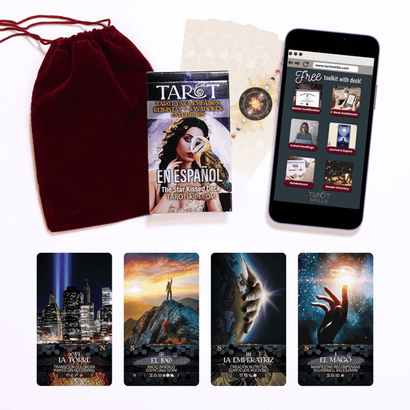 TAROTskills Star Kissed Tarot Deck, Tarot Cards con Significados en Ellos, Incluyendo Golden Dawn Astrología Zodíaco y Planetas, Palabras Clave, Invertido, Elementos, Incluye Capacitación En Línea