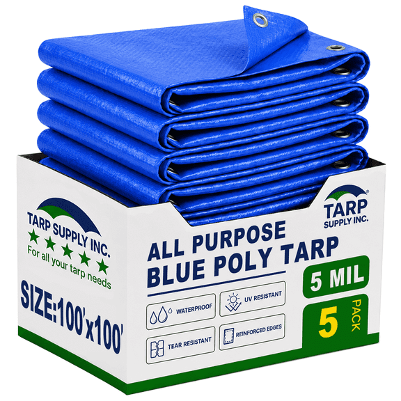 TARP SUPPLY INC. 100' x 100' Blue Poly Tarp, 5 Mil Waterproof Outdoor Cover, 5 Pack with Reinforced Edges, Rustproof Grommets, UV & Tear Resistant for Camping, Boat, Roof, Patio & Firewood