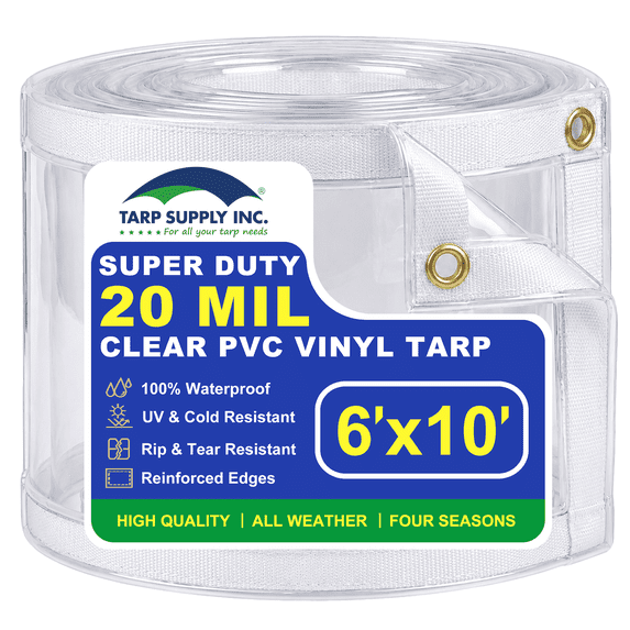 TARP SUPPLY INC Clear Tarp Heavy Duty Waterproof, Vinyl Tarps 6x10 Feet, 20 Mil PVC Tarpaulin with Grommets - UV Resistant, Tear Resistant, Outdoor Cover for Patio, Porch, Canopy & Plant Protection