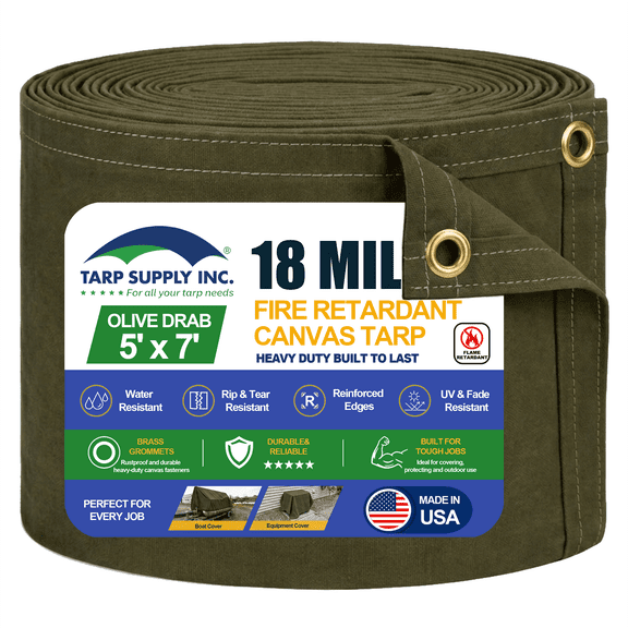 TARP SUPPLY INC. Fire Retardant Canvas Tarp – 18 Mil Heavy Duty, Water & Flame Resistant, Tear-Proof with Brass Grommets – UV Resistant,for Welding Camping Safety Industrial Use 5' x 7' tarps