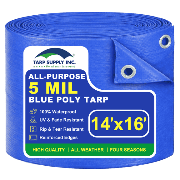Tarp Supply Inc. 14x16 ft Multipurpose Blue Poly Tarp, 5 Mil Waterproof UV Resistant Outdoor Cover with Reinforced Edges and Aluminum Grommets