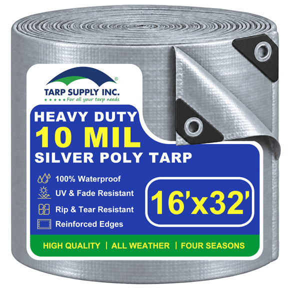 TARP SUPPLY Inc 16' x 32' Heavy Duty Silver Poly Tarp with Aluminum Grommets and Reinforced Corners, Waterproof, UV Resistant 10 Mil Protective Cover for Roof, Material, Equipment & Outdoor Use