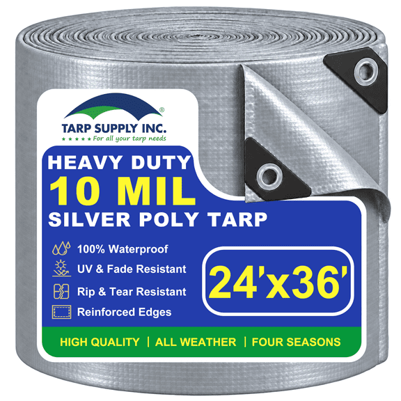 TARP SUPPLY Inc 24' x 36' Heavy Duty Silver Poly Tarp with Aluminum Grommets and Reinforced Corners, Waterproof, UV Resistant 10 Mil Protective Cover for Roof, Material, Equipment & Outdoor Use