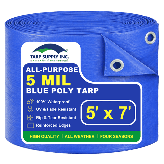 Tarp Supply Inc. 5x7 ft Multipurpose Blue Poly Tarp, 5 Mil Waterproof UV Resistant Outdoor Cover with Reinforced Edges and Aluminum Grommets