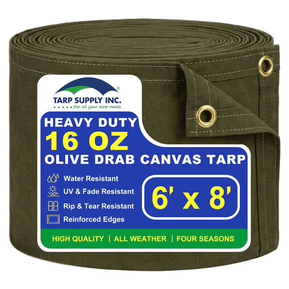 TARP SUPPLY Inc. 6' x 8' Heavy Duty Water Resistant Olive Drab Canvas Tarp | Rustproof Brass Grommets | 16 oz Durable & Breathable Multipurpose Tarpaulin for Canopy, Car, Equipment & Outdoor