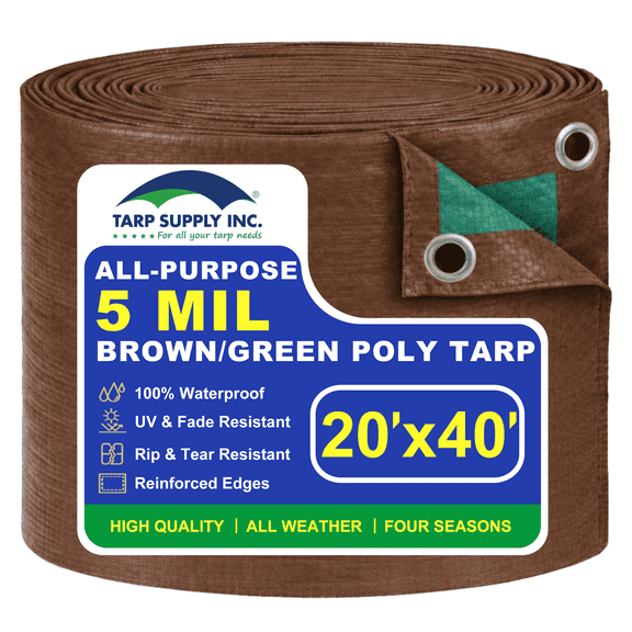 20'x40' 5 Mil Brown/Green Poly Tarp - Lightweight Waterproof Tarpaulin with Reinforced Edges, Multipurpose Protection for Outdoor Use, Camping