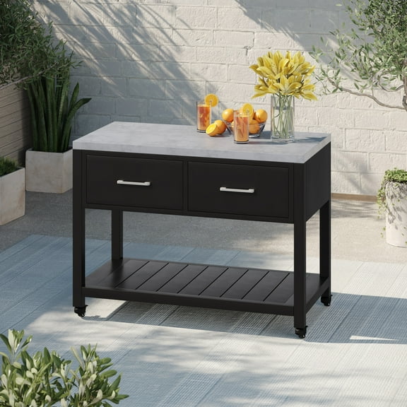 Better Homes & Gardens Tarren Outdoor Island Steel Serving Cart with Drawers, Black