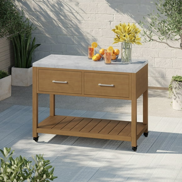 Better Homes & Gardens Tarren Outdoor Island Steel Serving Cart with Drawers, Teak