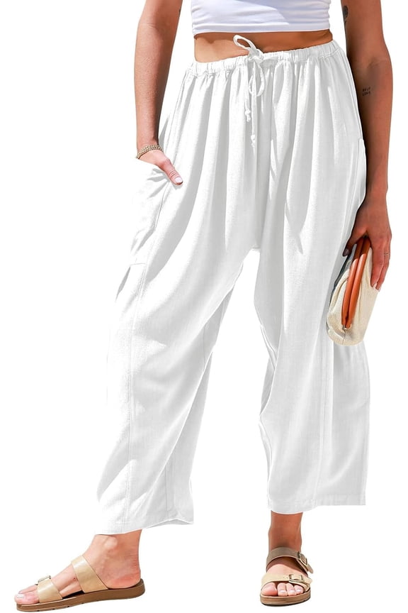 Womens Linen Wide Leg Pants Casual Loose Drawstring Summer Beach Travel Vacation Palazzo Harem Pants with Pockets