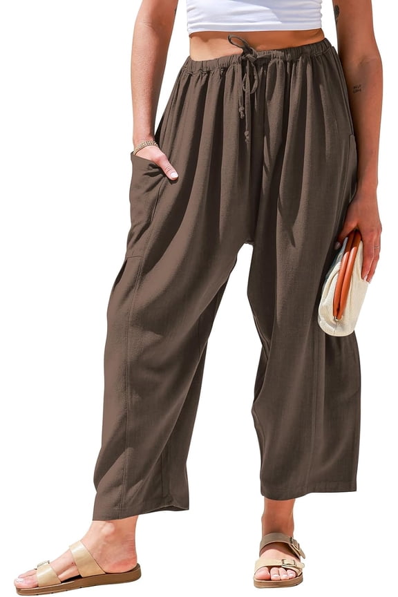 TARSE Womens Linen Wide Leg Pants Casual Loose Drawstring Summer Beach Travel Vacation Palazzo Harem Pants with Pockets
