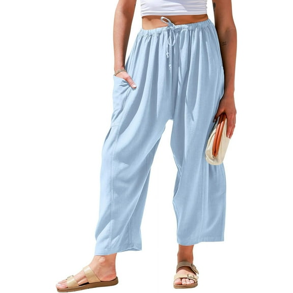 TARSE Womens Linen Wide Leg Pants Casual Loose Drawstring Summer Beach Travel Vacation Palazzo Harem Pants with Pockets