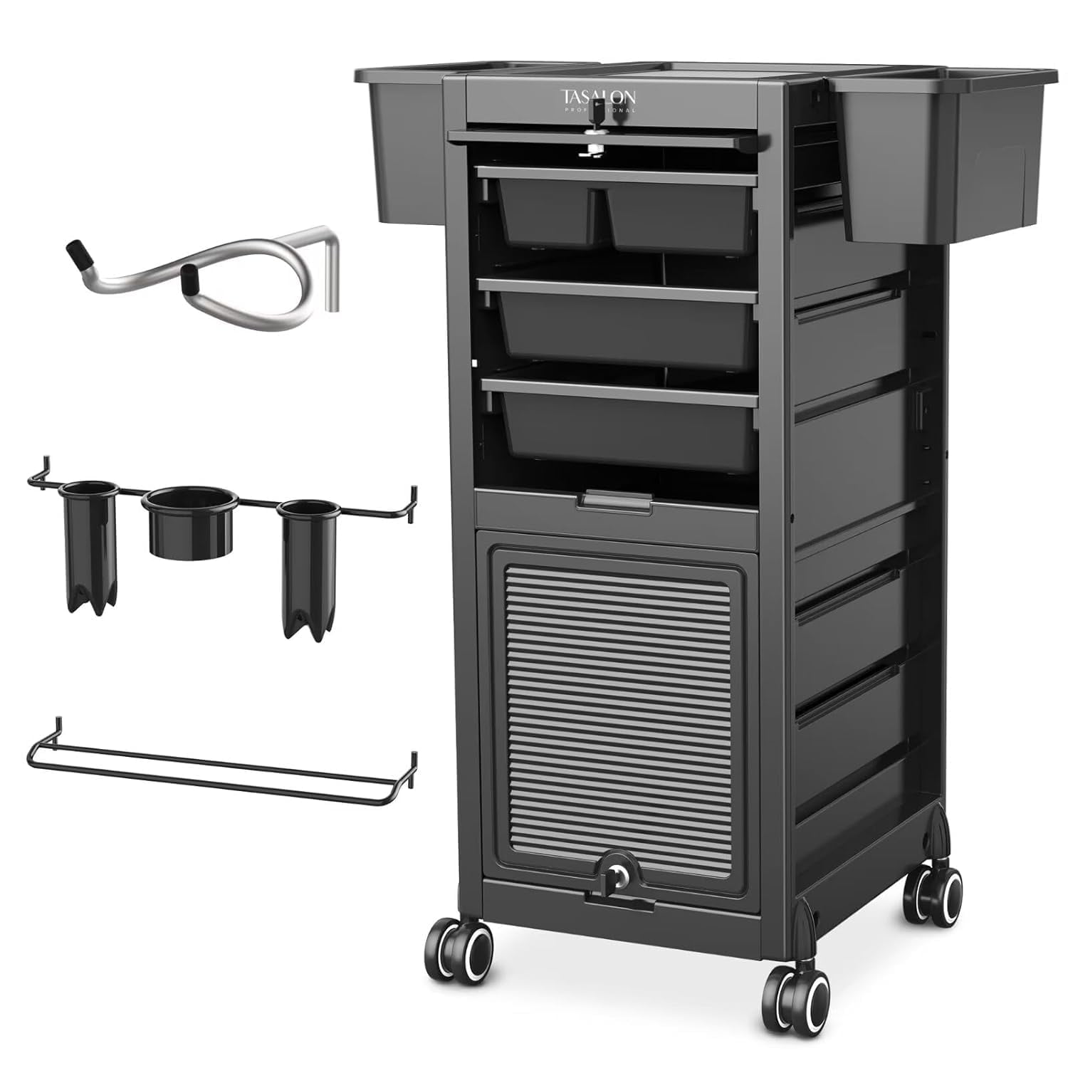 Black Lockable Salon Trolley Cart with 6 Drawers and Tool Holders