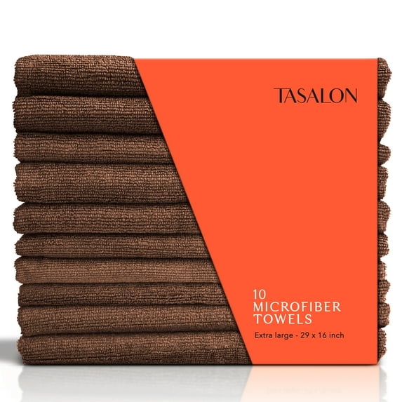 TASALON Microfiber Hair Towel - 10 Pack - Salon Towels - Quick Dry Microfiber Towels - 29 x 16 Inches Ultra-Soft Microfiber Towel for Hair, Facial Towels with Soft Absorbant - Brown