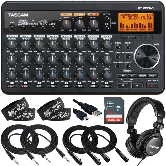 TASCAM DP-008EX Compact 8-Track Digital Pocketstudio Multitrack Recorder Bundle with 32GB Ultra Memory Card, TH-02 Headphones, 2x 10-Foot TRS Cable, 2x 10-Foot XLR Cable and 4x Cable Ties