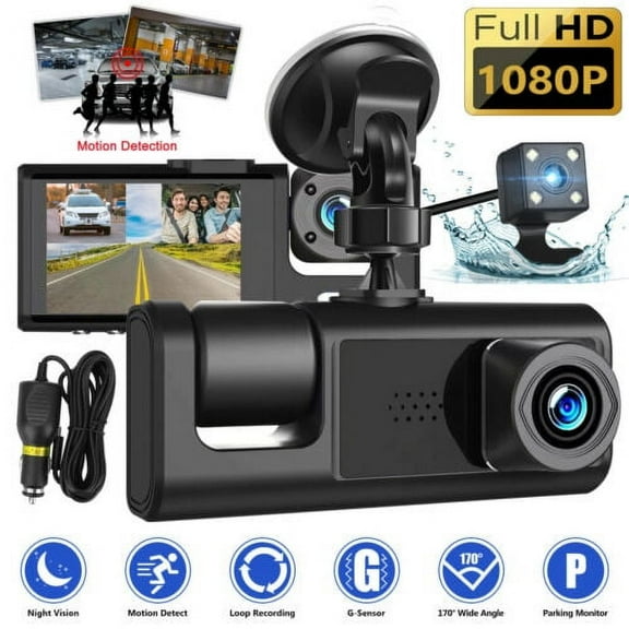 TASHHAR Car Dash Cam 3-Lens 1080P HD DVR Front/Rear/Inside Video Camera Driving Recorder Night Vision G-Sensor, Motion Detection