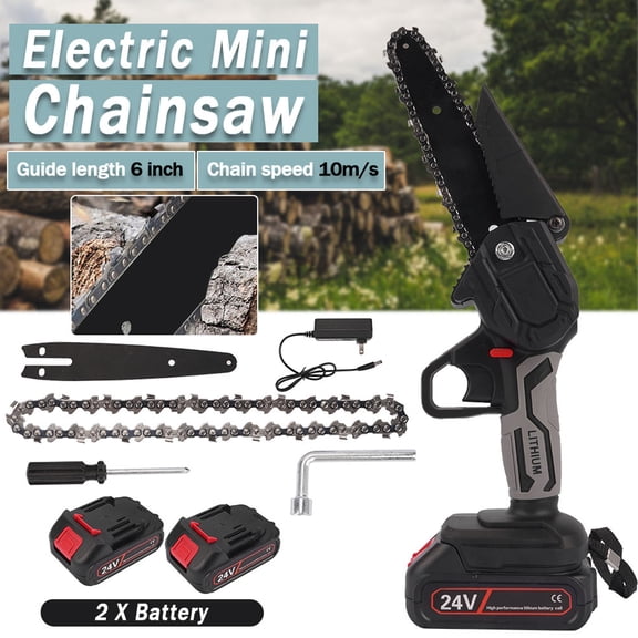 TASHHAR Electric Chainsaw 6 Inch 24V Battery Powered Outdoor Wireless One Hand Handheld Portable Logging Pruning Chain Saw Tool (2 Batteries)