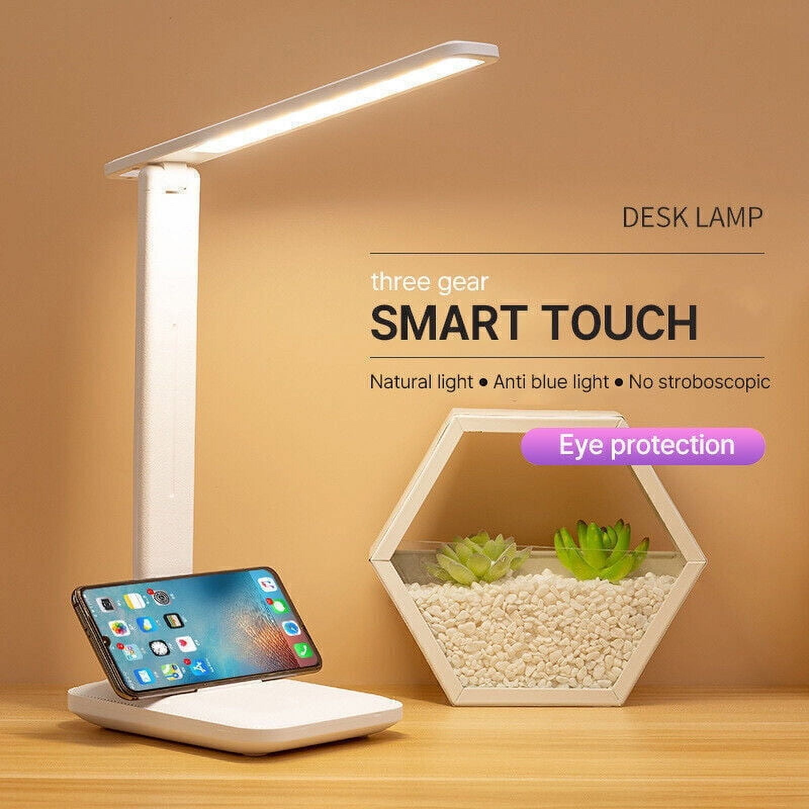 TASHHAR LED Light Desk Lamp with Phone Holder Dimmable Touch Sensor Table Bedside Foldable Reading Lamp USB Rechargeable for Home Dorm Office