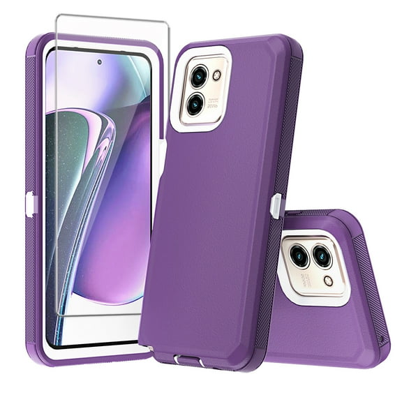 TASHHAR Moto G Play 2024 Case with Screen Protector Military Grade Heavy Duty Protection 3 in 1 Shockproof Armor Rugged Durable Detachable for Motorola G Play 2024 Phone - Purple+White