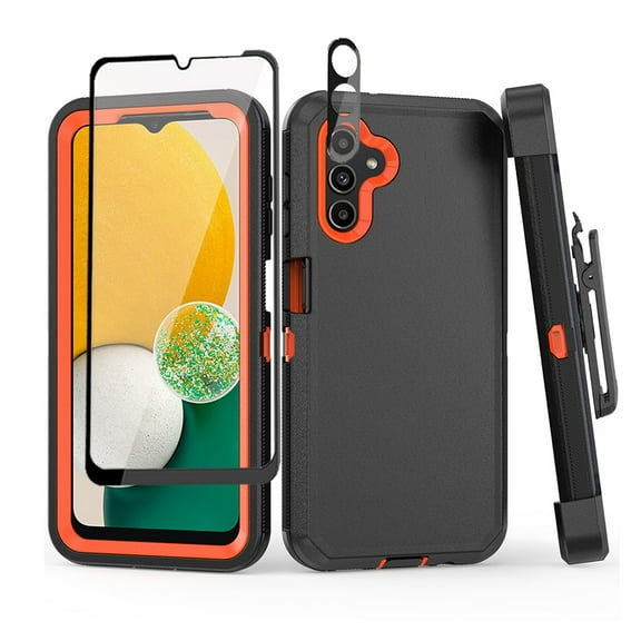 TASHHAR Samsung Galaxy A04S Case/A13 5G Case with Belt Clip Holster+Screen and Lens Protector Military Grade Heavy Duty 3 in 1 Shockproof Armor Rugged for Galaxy A04S/A13 5G Phone - Black+Orange