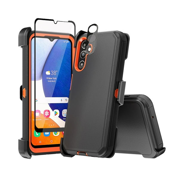 TASHHAR Samsung Galaxy A14 5G Case with Belt Clip Holster and Screen and Lens Protector Military Grade Heavy Duty 3 in 1 Shockproof Armor Rugged Durable for Galaxy A14 5G Phone - Black+Orange