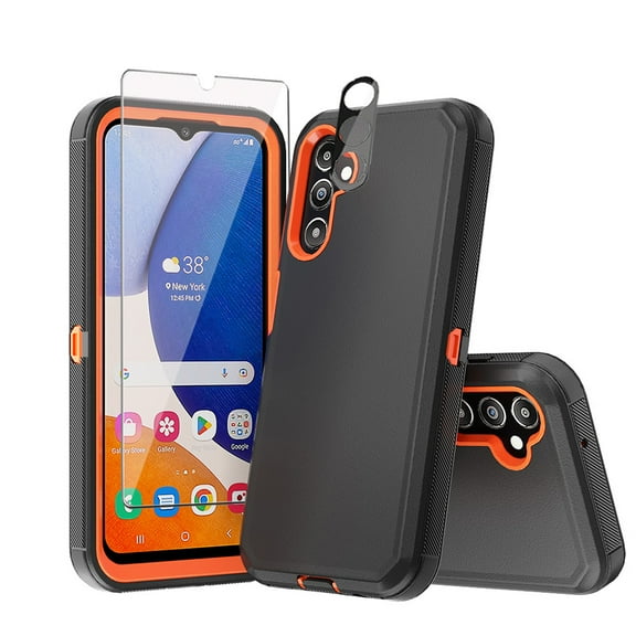 TASHHAR Samsung Galaxy A14 5G Case with Screen and Lens Protector Military Grade Heavy Duty Protection 3 in 1 Shockproof Armor Rugged Durable for Galaxy A14 5G Phone - Black+Orange