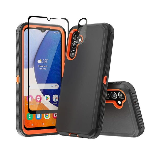 TASHHAR Samsung Galaxy A14 5G Case with Screen and Lens Protector Military Grade Heavy Duty Protection 3 in 1 Shockproof Armor Rugged Durable for Galaxy A14 5G Phone - Black+Orange
