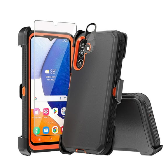 TASHHAR Samsung Galaxy A15 5G Case with Belt Clip Holster Screen and Lens Protector Military Grade Heavy Duty Protection 3 in 1 Shockproof Armor Rugged Durable for Galaxy A15 5G Phone - Black+Orange